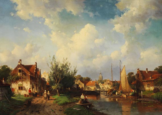 Charles Leickert - Geschäftiges Treiben am Flussufer eines holländischen Städtchens