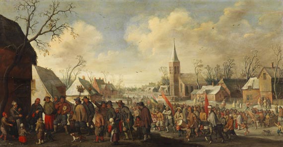 Joost Cornelisz. Droochsloot - Ansicht eines winterlichen Dorfes mit dem Festzug des St. Valentin