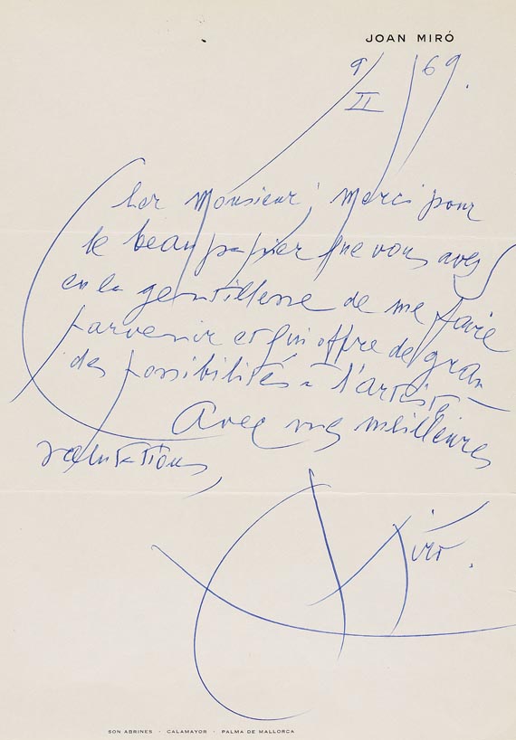 Joan Miró - 1 Autograph. 1969.