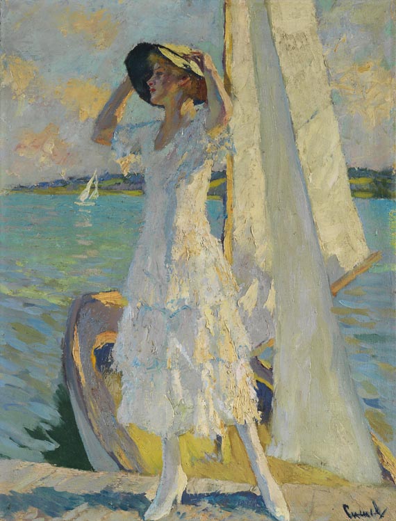 Edward Cucuel - Frau auf dem Steg mit einem Kahn am Ufer des Starnberger See