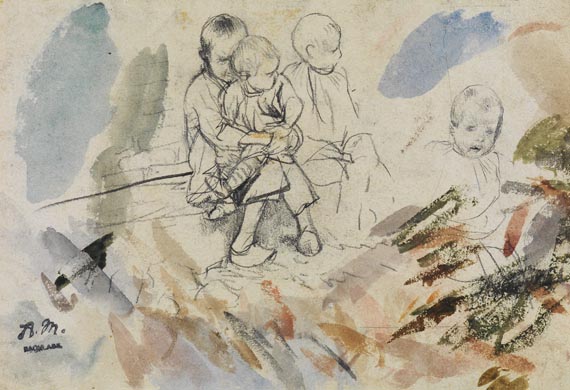 Adolph von Menzel - Drei sitzende Kinder und ein Kinderköpfchen, Aquarellproben