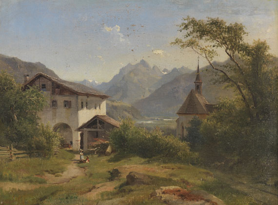Ludwig Georg Eduard Halauska - Sommertag im Oberinntal mit Bauernhof und Kapelle