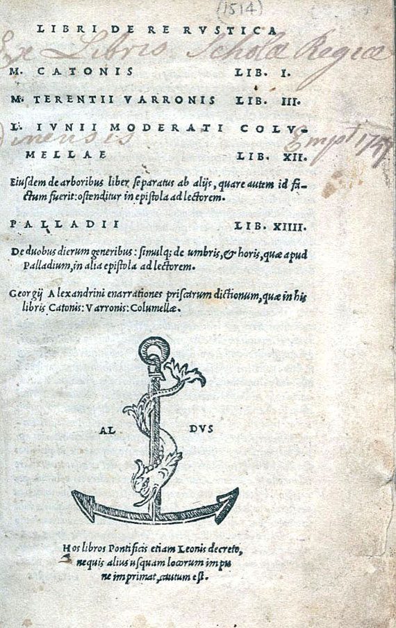 Aldus-Drucke - M. P. Cato, De re rustica. 1514
