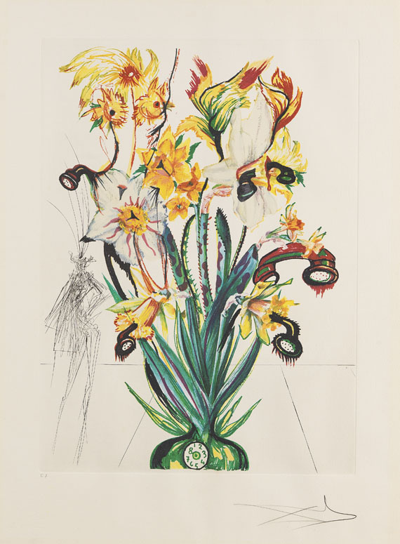 Salvador Dalí - 3 Bätter: Hemerocallis thumbergii elephanter furiosa. Narcissus telephonans inondis. Dianthus carophilius cum clavinibus multibibis - 