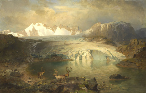 August Wilhelm Leu - Fjordlandschaft mit Gletscher und Rentieren