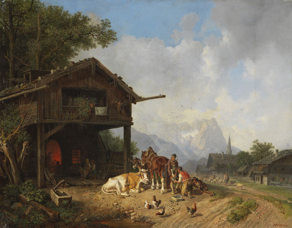 Heinrich Bürkel - Beim Hufschmied im Gebirge