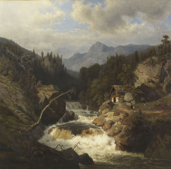 Leonhard Rausch - Gebirgslandschaft mit Jägersmann am tosenden Fluss