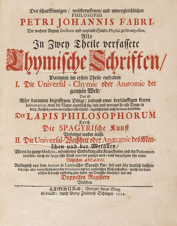Pierre Jean Fabre - Chymische Schriften. 2 Bde. 1712..