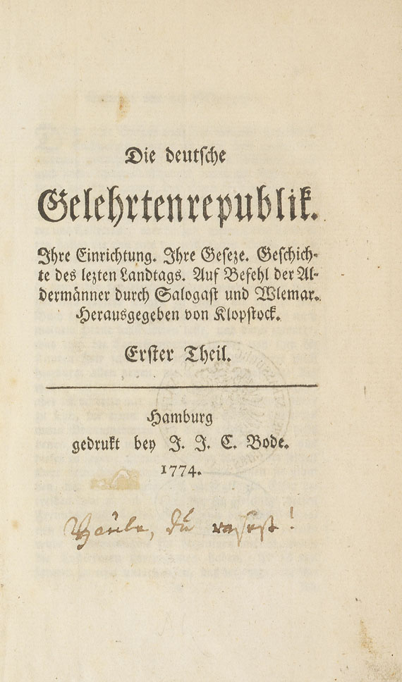 Friedrich Gottlieb Klopstock - Die deutsche Gelehrtenrepublik. 1774.