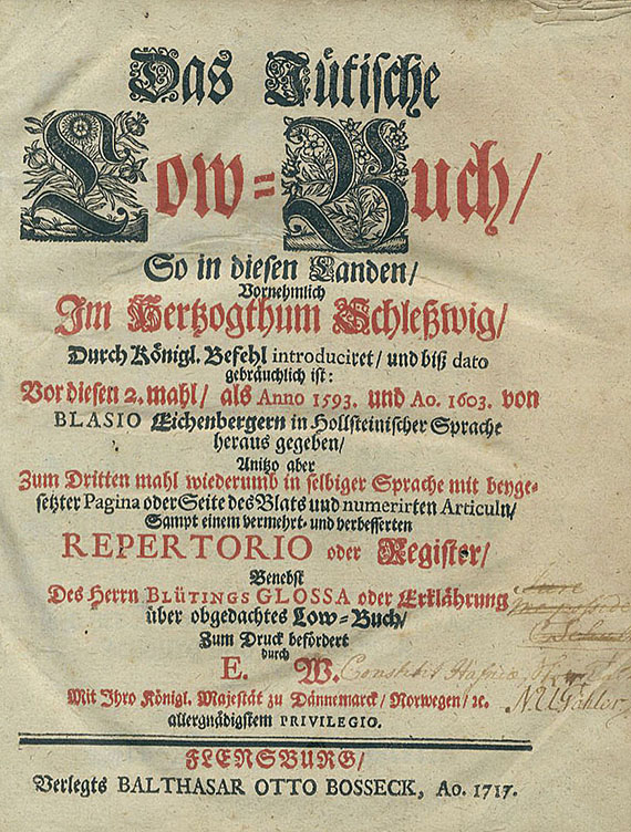 Judaica - Eichenberger, B., Das Jütische Low-Buch. 1717