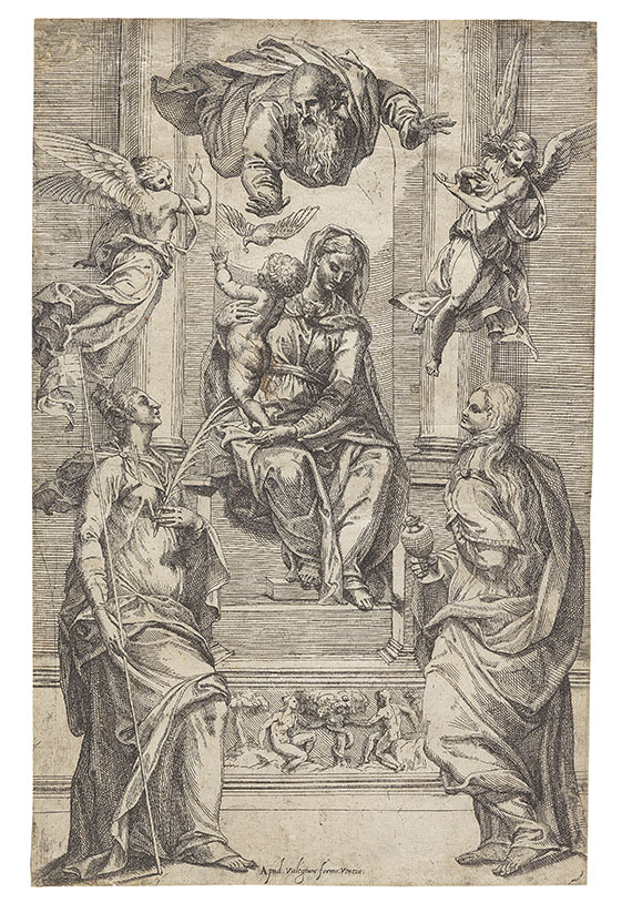 Giacomo Valegio - Thronende Madonna mit Kind und zwei Heiligen, darüber Gottvater, Heiliger Geist und zwei Engel