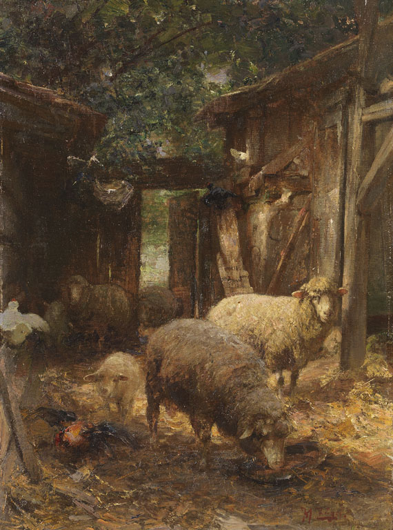 Heinrich von Zügel - Schafe und Lämmer beim Hühnerstall
