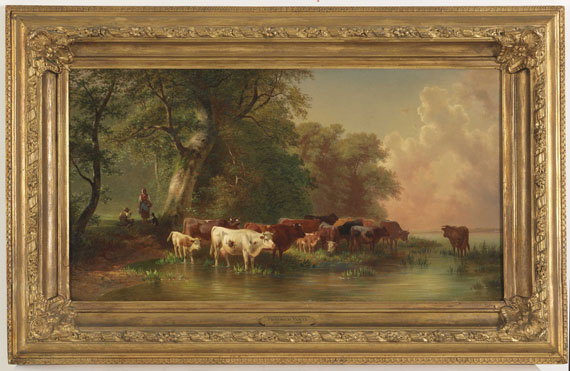 Friedrich Voltz - Mittagsrast des Viehhirten am Seeufer - Frame image