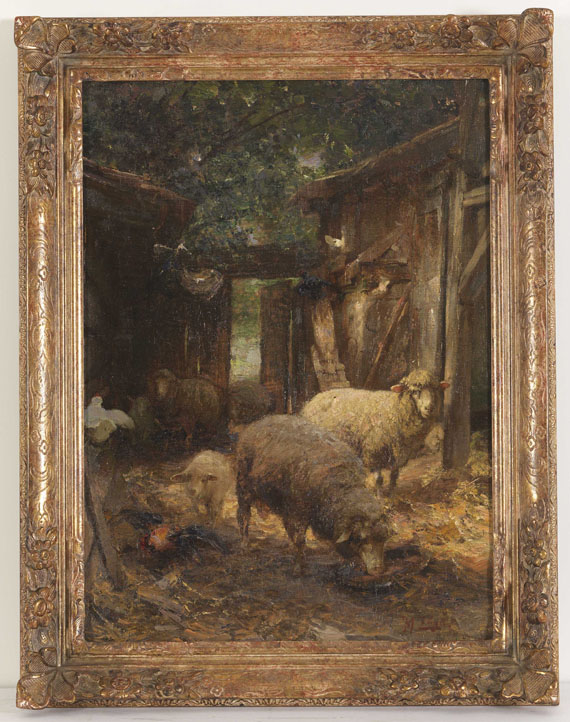 Heinrich von Zügel - Schafe und Lämmer beim Hühnerstall - Frame image