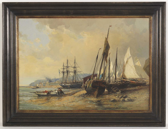 Jules Achille Noël - Segelschiffe und Fischerboote am bretonischen Strand (Brest?) - Frame image