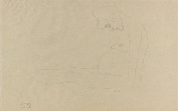 Gustav Klimt - Mit ausgestreckten Beinen nach links sitzende nackte Schwangere, Studie zu Hoffnung II