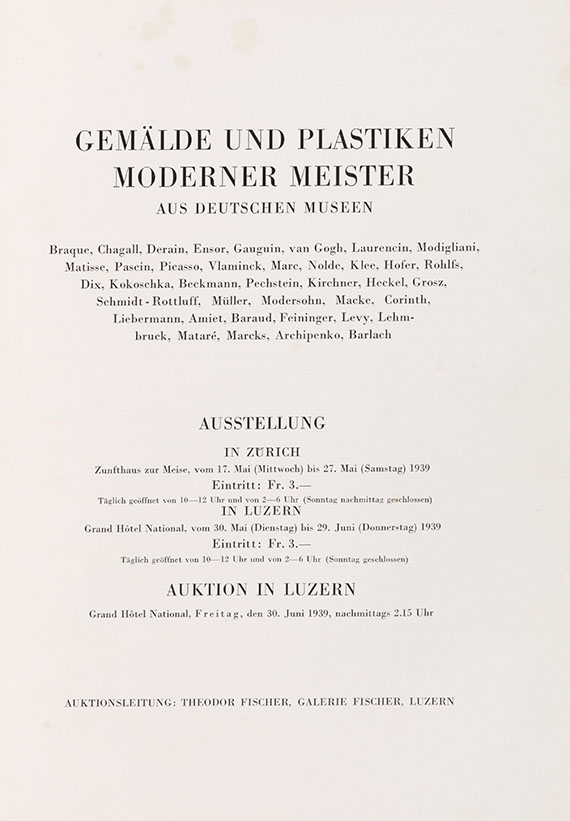 Entartete Kunst - Auktionskatalog, Gemälde und Plastiken moderner Meister aus deutschen Museen. 1939.
