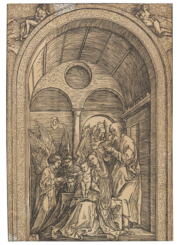 Albrecht Dürer - Die Heilige Familie mit zwei Engeln in der gewölbten Halle