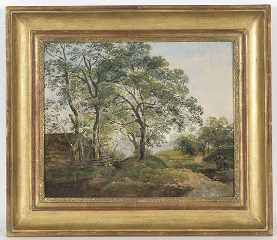Johann Georg von Dillis - Hügelige Baumlandschaft mit Hütte - Frame image