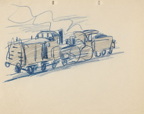 Feininger - Rückwärtsfahrende Lokomotive mit Tender, Güterwagen ziehend