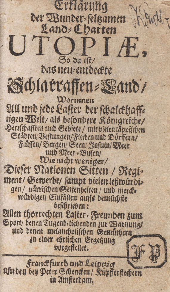 Johann Andreas Schnebelin - Erklärung der wunder-seltzamen Land-Charten Utopiae. - 