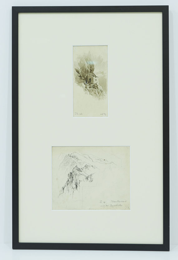 Edward Theodore Compton - 2 Bll.: Tabarettawand mit der Payerhütte. Schutzhütte an der Felswand - Frame image