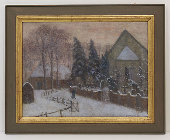 Otto Modersohn - Winterabend, Fischerhuder Kirche mit Heimathaus - Frame image