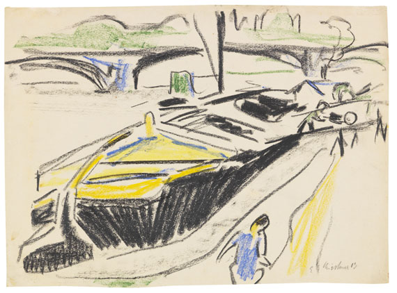 Ernst Ludwig Kirchner - Schleppkahn am Elbufer im Hintergrund die Carolabrücke