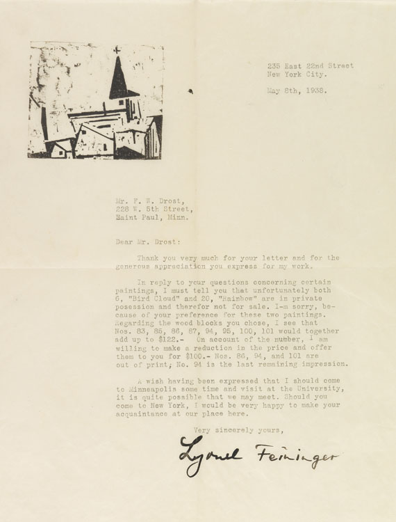 Lyonel Feininger - Brief an F. W. Drost mit Holzschnitt