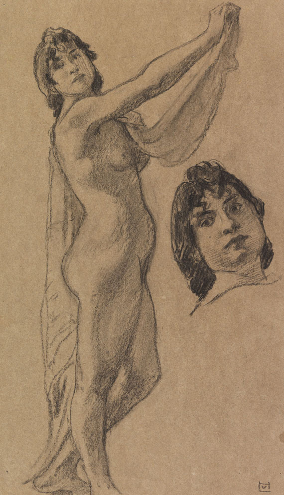 Ludwig von Hofmann - Studienblatt mit stehendem weiblichem Akt mit Tuch sowie Kopfstudie