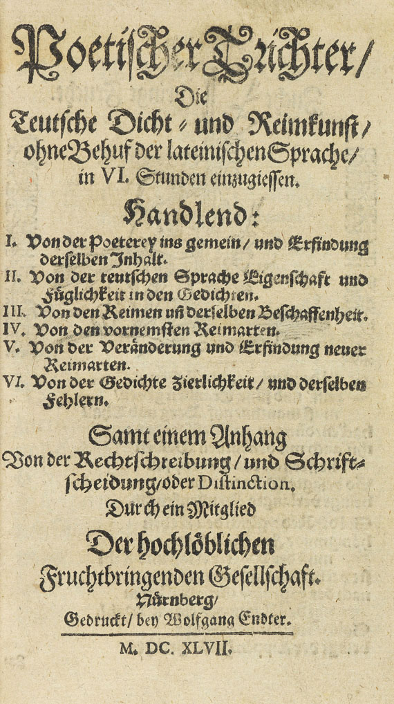 Georg Philipp Harsdörffer - Poetischer Trichter. 1647. - Angeb.: Opitz, Prosodia Germanica. - 