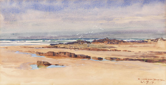 Edward Harrison Compton - 2 Bll.: Bei Bude (Cornwall): Die Küste mit der Mündung des River Neet. Felsiger Strand mit Möwen - 