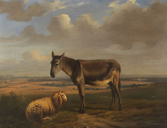 Adolphe Malherbe - Schaf und Esel vor weiter Landschaft