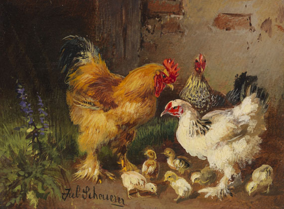 Julius Scheuerer - Hahn, Hühner und Küken vor dem Stall auf der Wiese