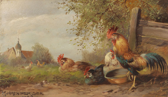 Max (Josef) Hänger - 2 Gemälde: Hühnerhof am Dorfrand. Zwei Entenpaare am Weiher - 