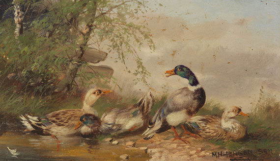 Max (Josef) Hänger - 2 Gemälde: Hühnerhof am Dorfrand. Zwei Entenpaare am Weiher