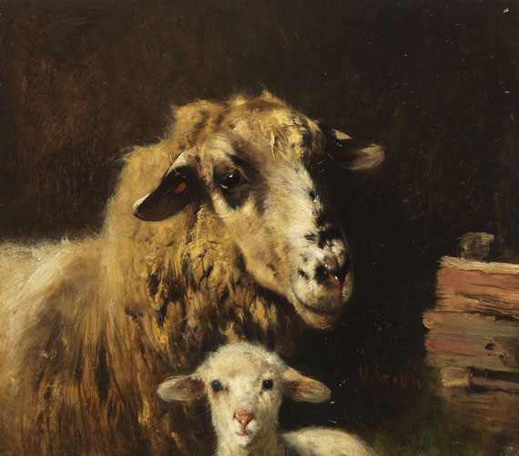 Otto Gebler - Mutterschaf mit Lamm im Stall