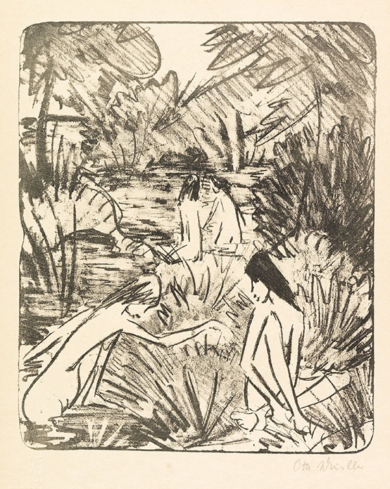Mueller - Waldsee mit drei badenden und einem sitzenden Mädchen 2