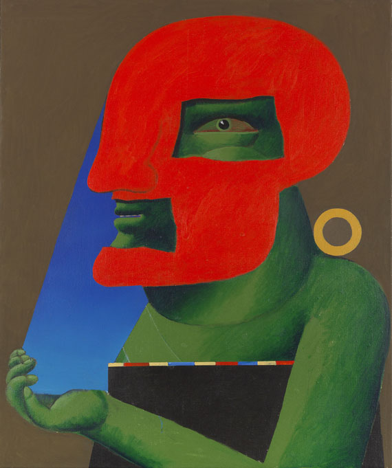 Horst Antes - Porträt mit Roter Gesichtsmaske und blauem Gesichtsfeld