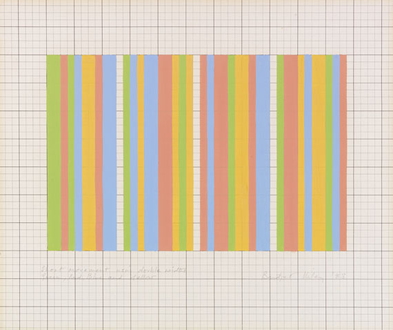 Bridget Riley - Short movement using double widths green, red, blue and yellow