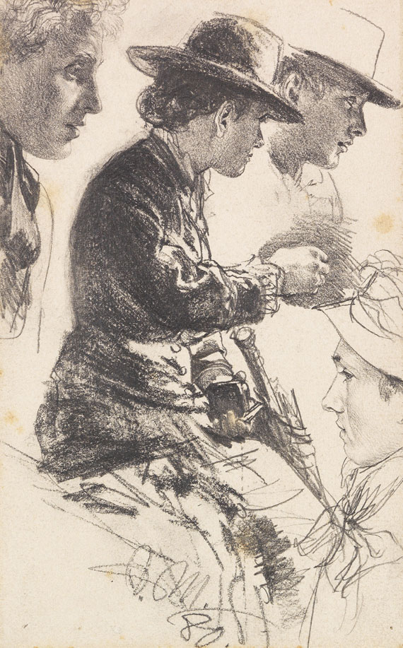 Adolph von Menzel - Studie einer sitzenden Dame mit Hut, Schirm und Geldbörse