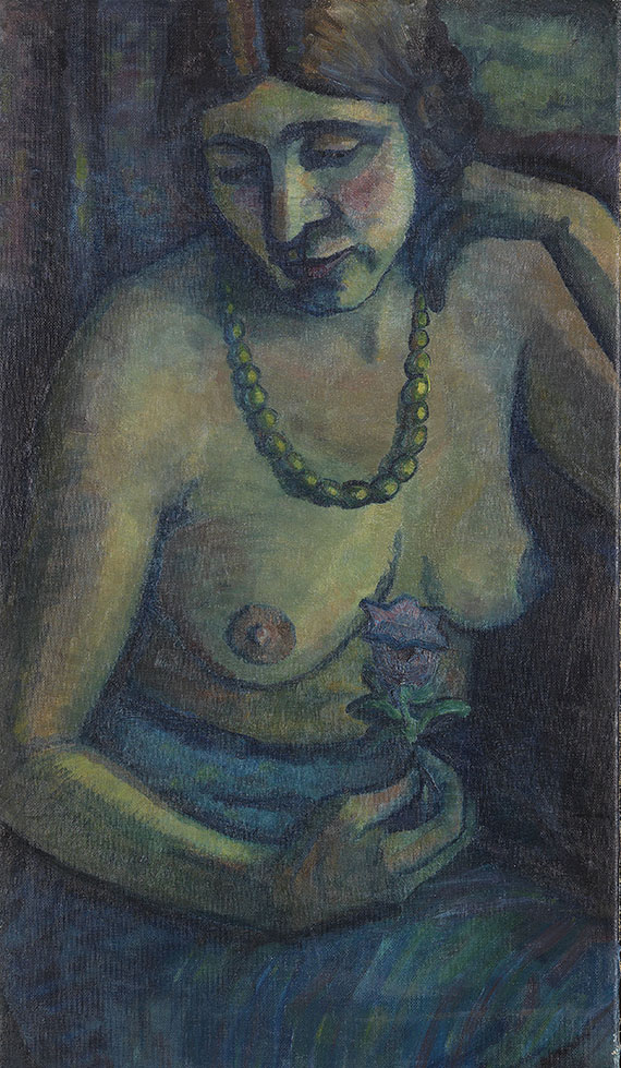 Dorothea Maetzel-Johannsen - Selbstporträt in Blau (Halbakt mit Perlenkette)