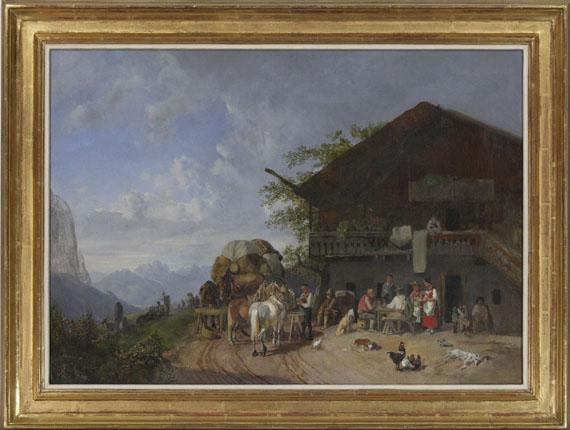 Heinrich Bürkel - Rast vor einem Gasthof in den Bergen - Frame image