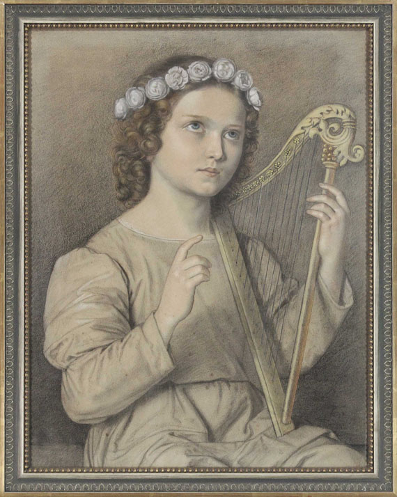 Marie Ellenrieder - Blumenbekränztes Mädchen mit Harfe (Heilige Cäcilie) - Frame image