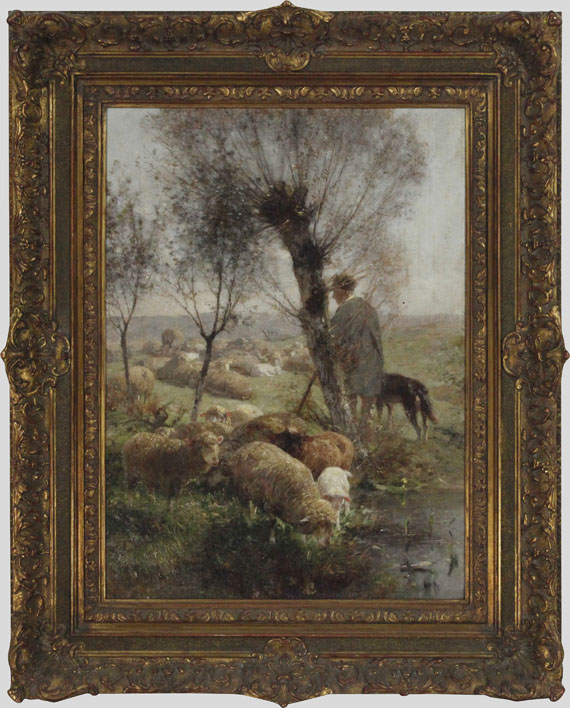 Heinrich von Zügel - Schäfer mit Hund und Herde unter Weidenbäumen am Wasser - Frame image