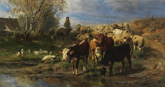 Anton Braith - Hirtenmädchen mit Rindern, Schafen und Gänsen