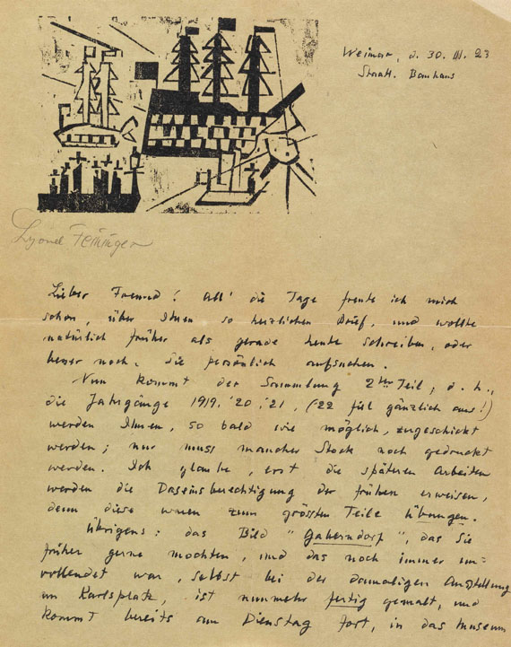 Lyonel Feininger - Eigenhändiger Brief. 30. März 1923