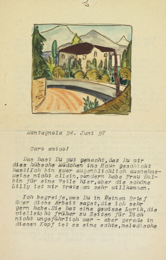Hermann Hesse - Masch. Brief an Caro amico (Hubacher), Juni 1927, mit Orig.-Aquarell