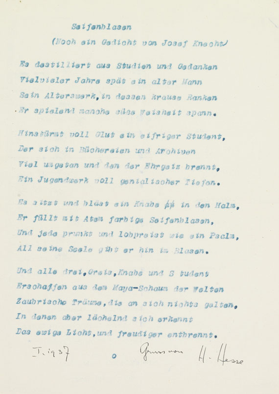 Hermann Hesse - 3 Gedicht-Typoskripte (Buchstaben / Seifenblasen / Bildnis eines Literaten)