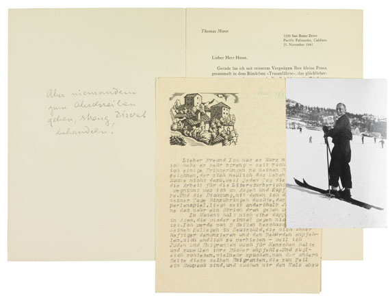 Hermann Hesse - 2 Privatdrucke + 1 masch. Brief mit Holzschnitt + 1 Porträtfoto